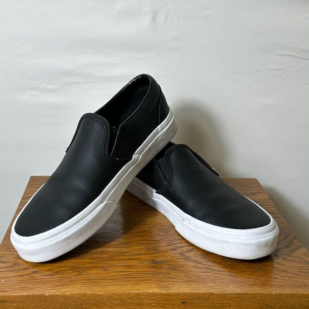 VANS Classic Slip-On Shoes Black Perforated Leather Women's Size 8